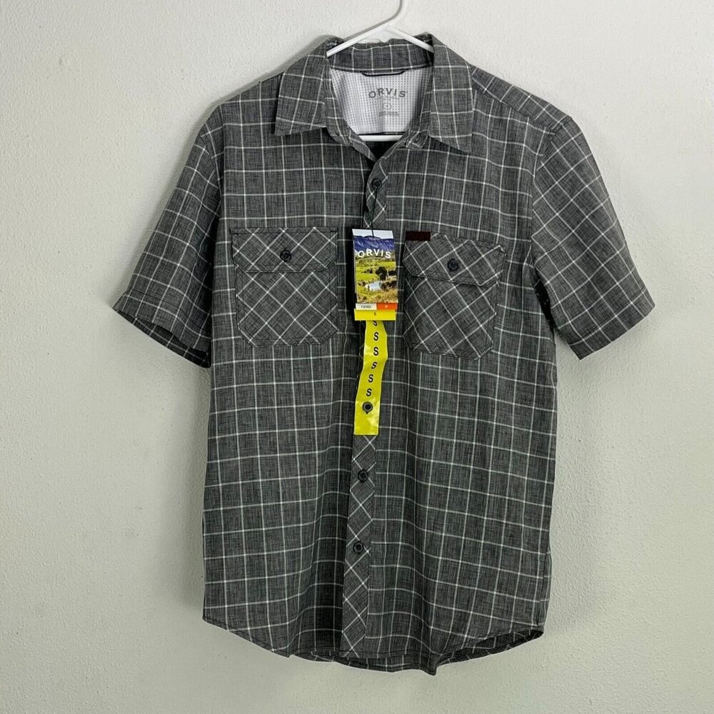 Orvis Mens Small Short Sleeve Woven Tech Shirt Grey Windowpane Check Casual New